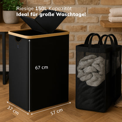 Roxlin Wäschekorb 150L mit zwei Fächern, 67 cm hoch, mit Wäsche befüllt