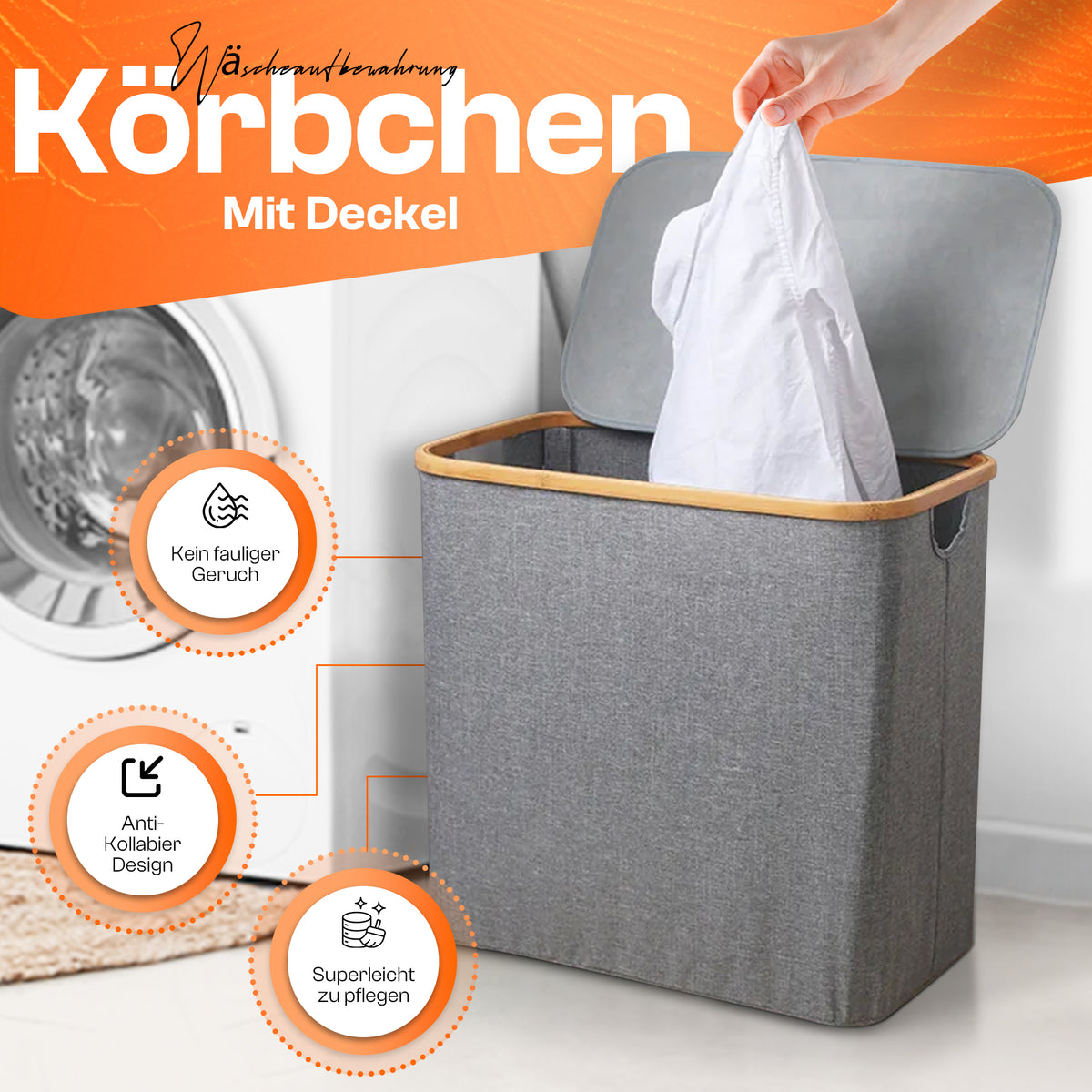 Roxlin Wäschekorb mit Deckel und Bambusrahmen als Wäschesammler