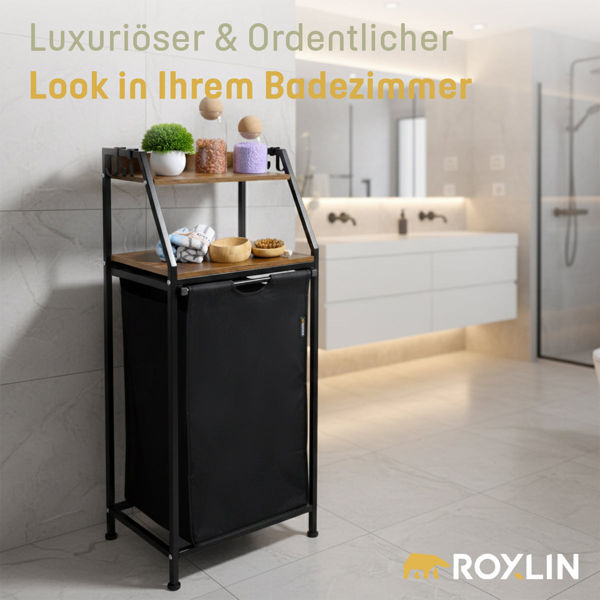 Roxlin Wäschekorb mit Regal im Badezimmer mit Detail des feuchtigkeitsabweisenden Materials
