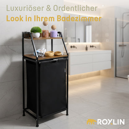 Roxlin Wäschekorb mit Regal im Badezimmer mit Detail des feuchtigkeitsabweisenden Materials
