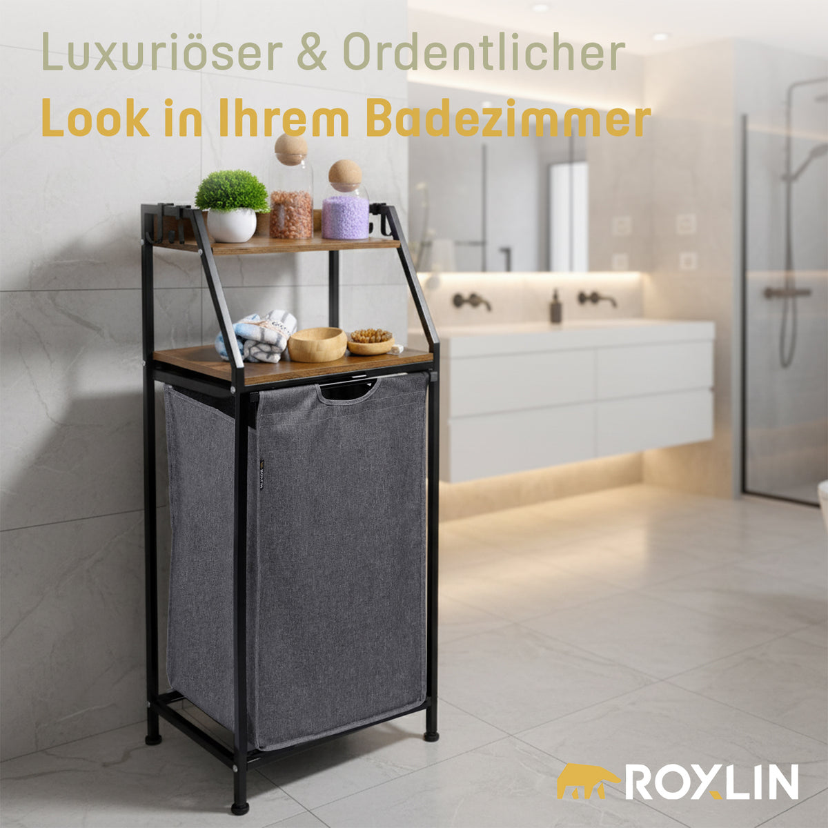 Roxlin Wäschekorb mit Regal und Holzablage im Badezimmer aufgestellt