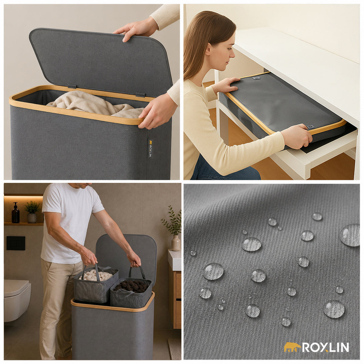 Roxlin Wäschekorb XXL 150L mit geöffnetem Deckel und zwei Fächern, wasserabweisend