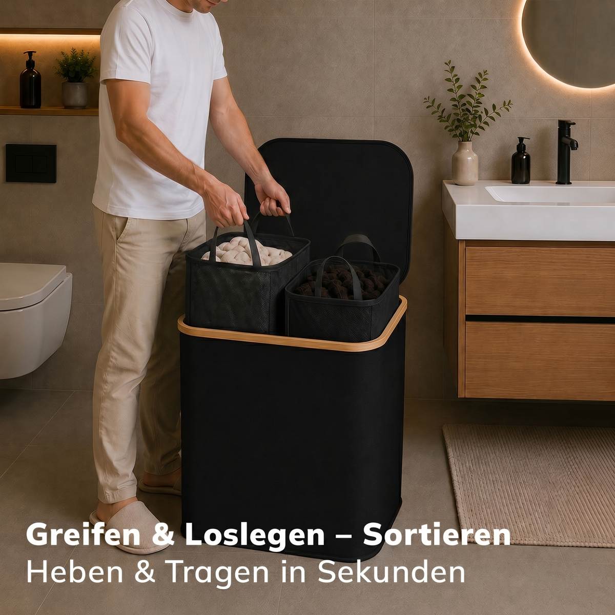 Roxlin Wäschekorb XXL 150L mit zwei herausnehmbaren Wäschetaschen – Greifen und Loslegen