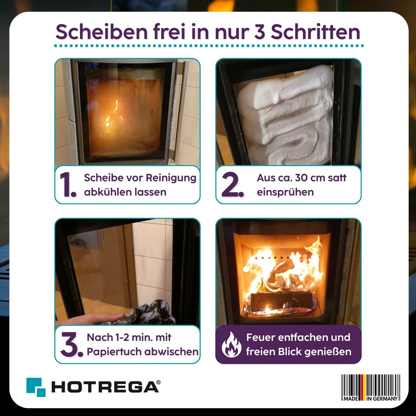 Saubere Kaminscheibe in 3 Schritten mit dem HOTREGA Kaminscheibenreiniger