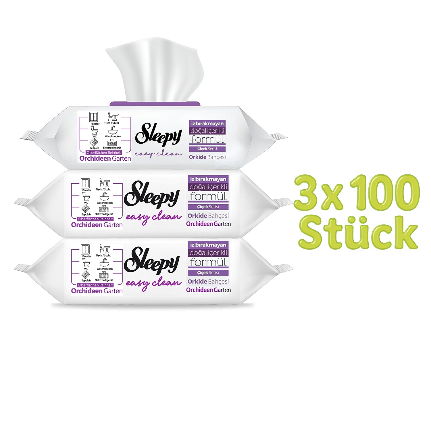 Sleepy Allzweck-Feuchttücher Packung der lavendelfarbenen Serie, 3 x 100 Stück