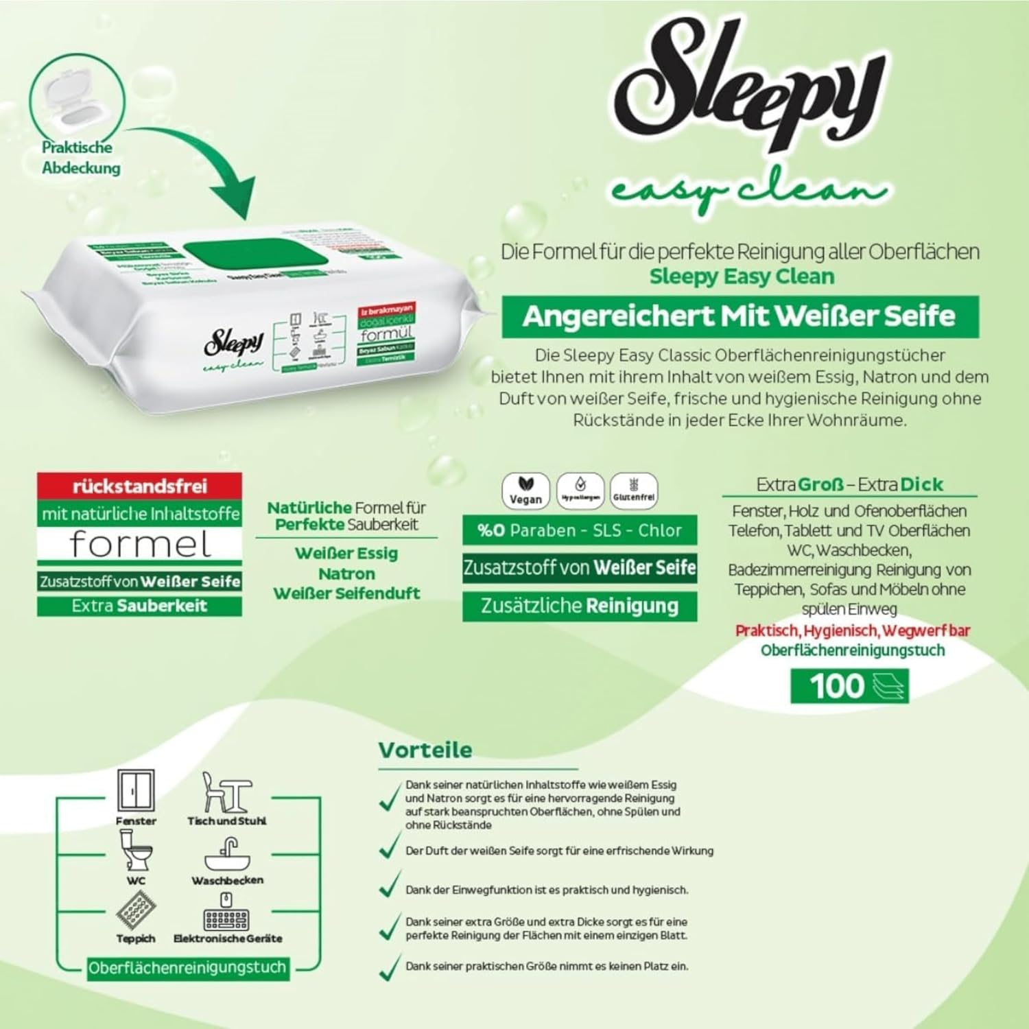 Sleepy Allzweck-Feuchttücher Packung mit Produktbeschreibung und Anwendungshinweisen