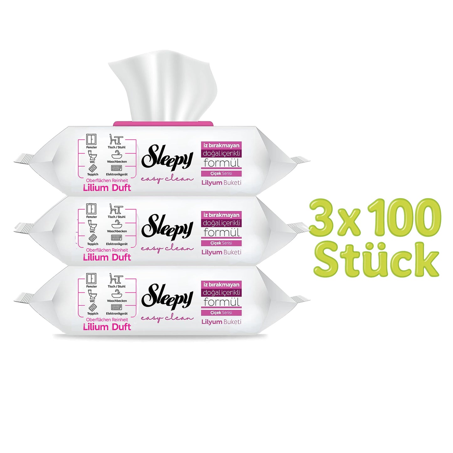 Sleepy Allzweck-Feuchttücher Vorratspackungen der lavendelfarbenen Serie, 3 x 100 Stück