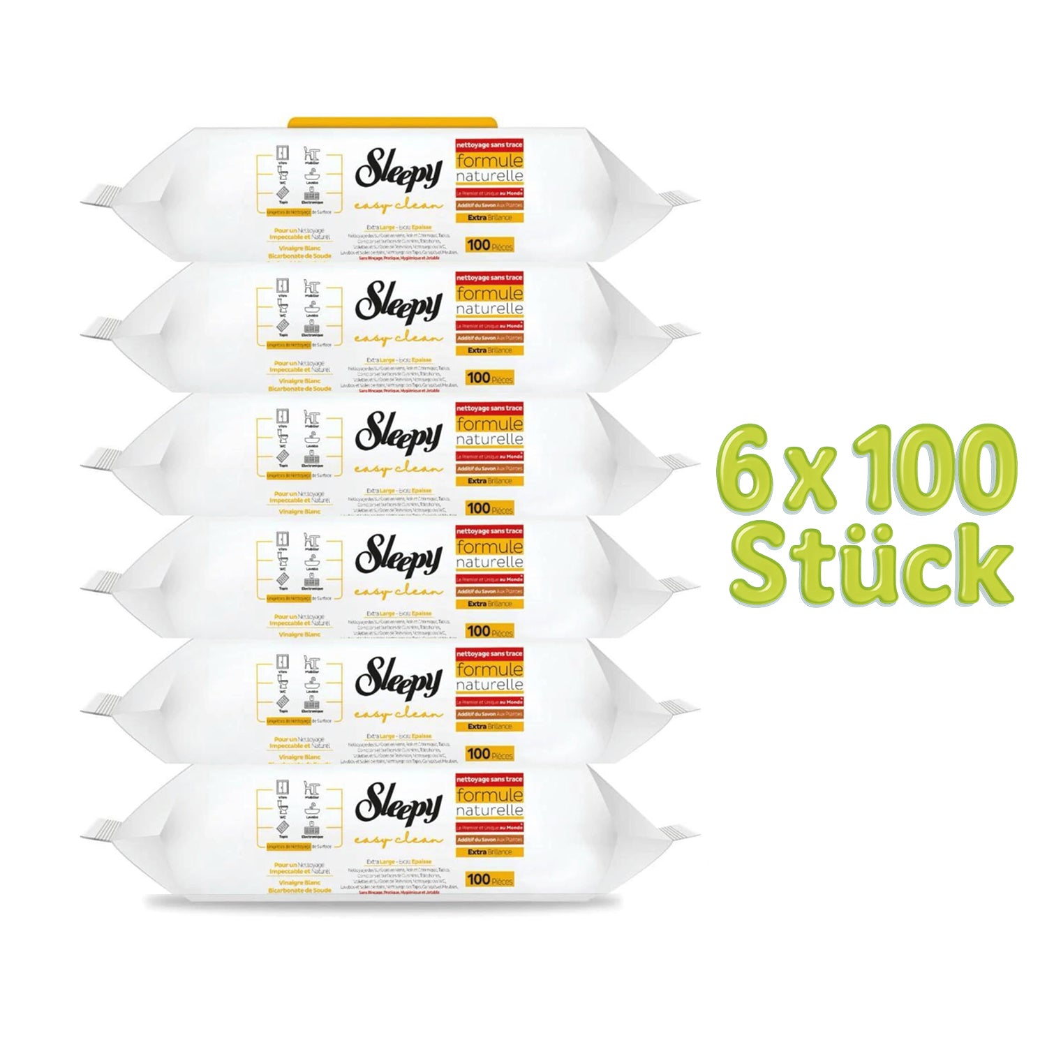 Sleepy Allzweck-Feuchttücher Vorratspackungen der orangen Serie, 6 x 100 Stück