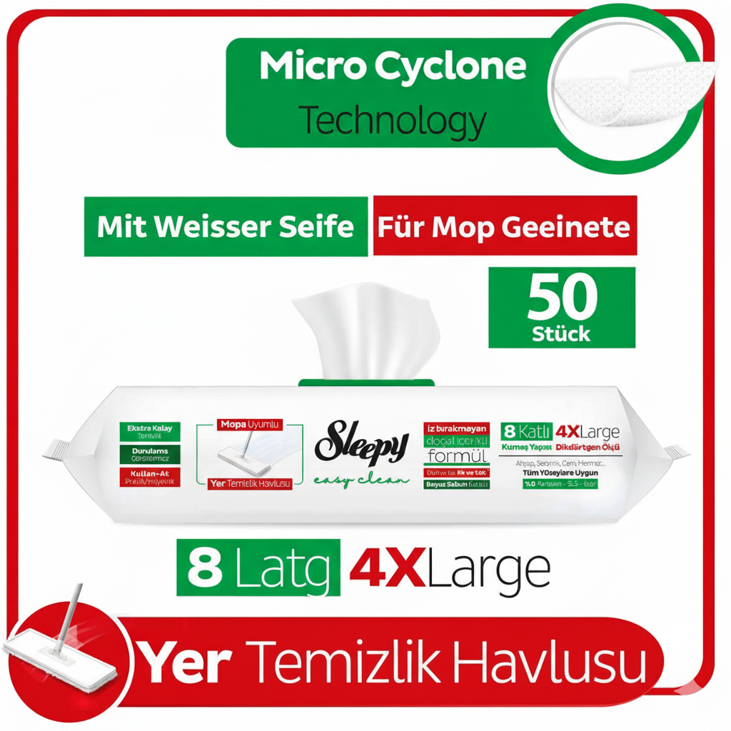 Sleepy Easy Clean Bodenwischtücher, 50 Stück, 8-lagig und Mop-kompatibel