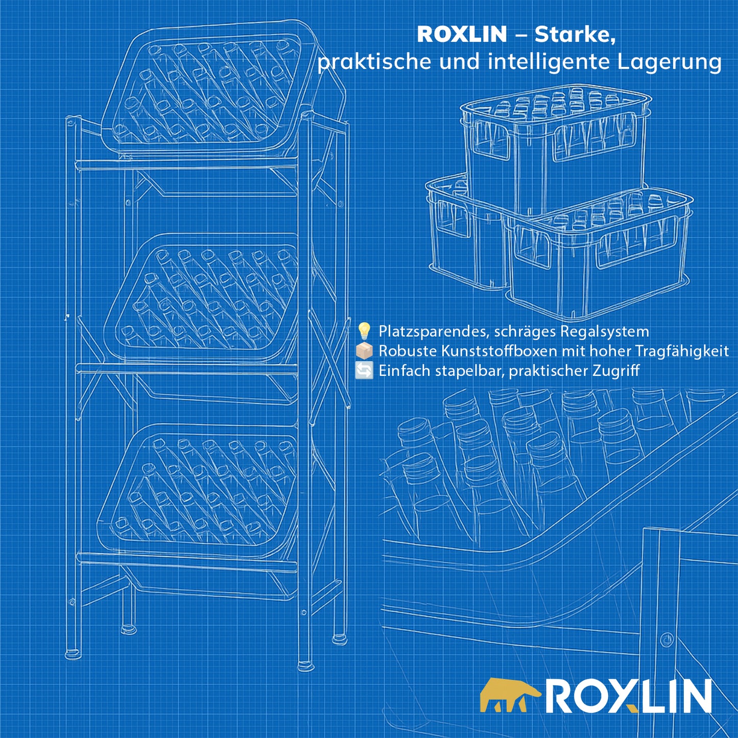 Technische Blueprint-Darstellung des Roxlin Getränkekistenregals mit platzsparendem, schrägem Regalsystem