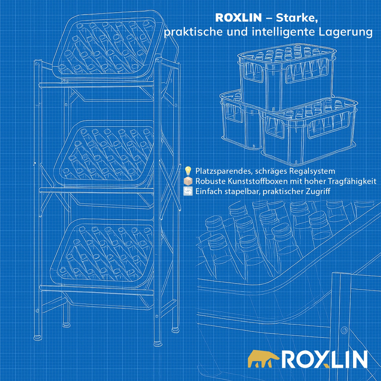 Technische Blueprint-Darstellung des Roxlin Getränkekistenregals mit platzsparendem, schrägem Regalsystem