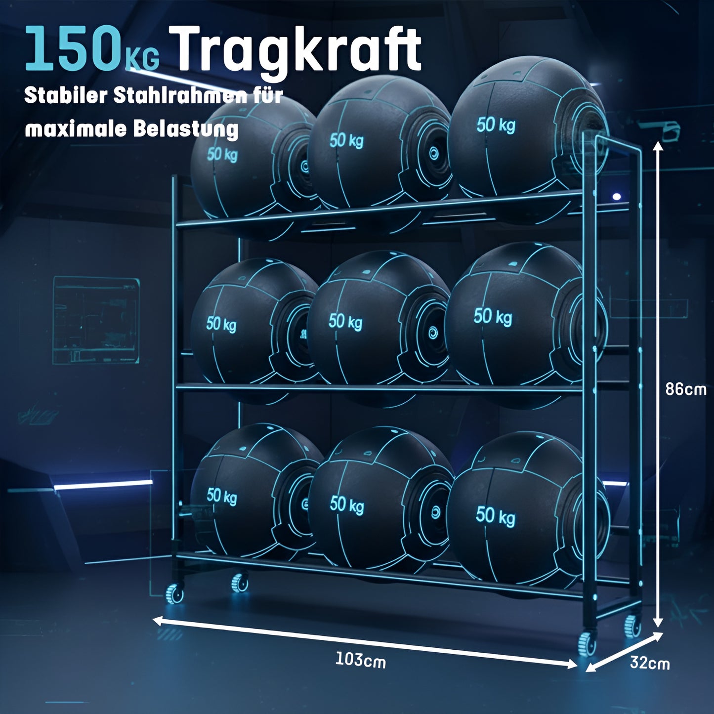 Tragkraft-Infografik des großen Roxlin Getränkekistenregals: stabiler Stahlrahmen, Maße 103 x 32 cm, Höhe 86 cm