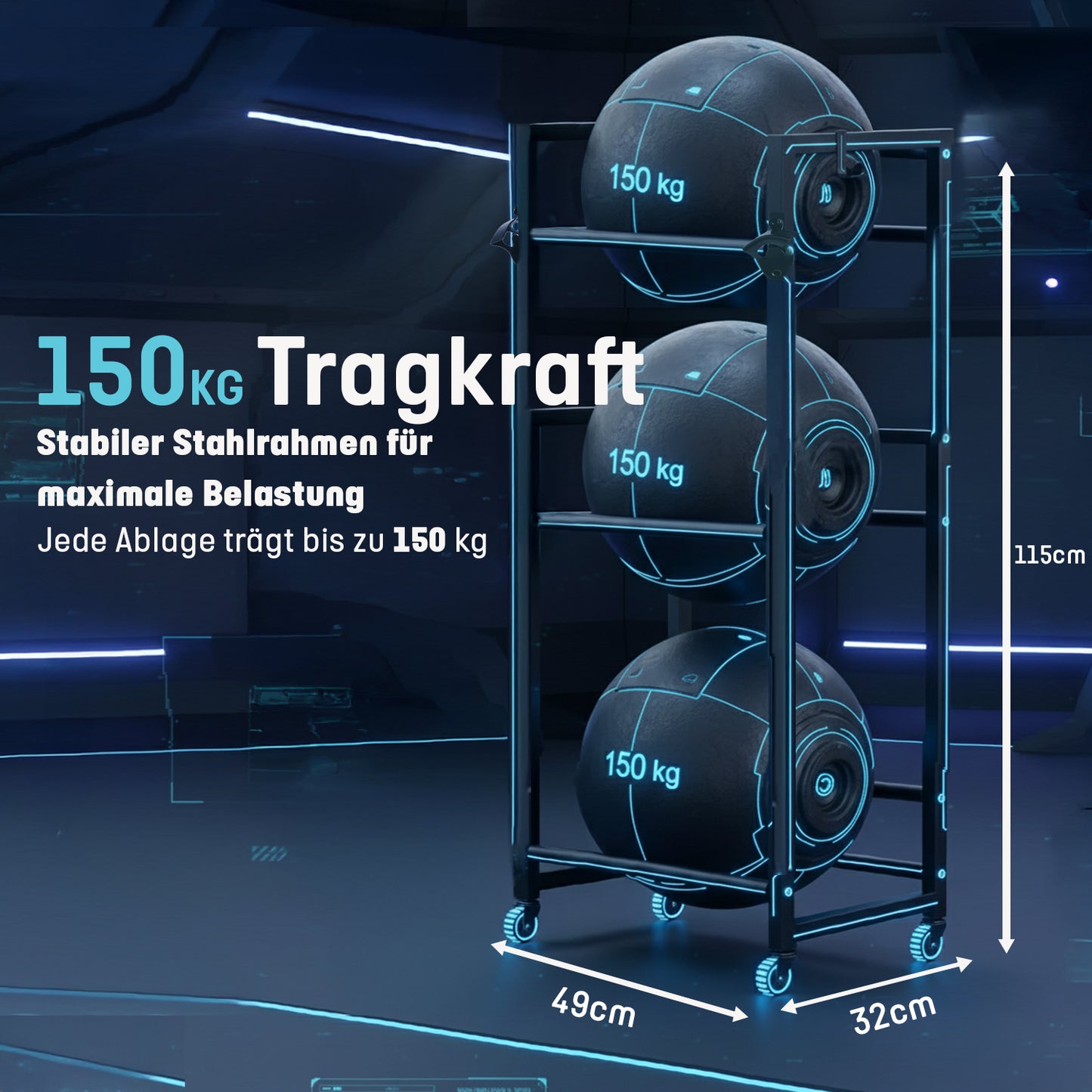 Tragkraft-Infografik des Roxlin Getränkekistenregals 3-fach: bis 150 kg je Ablage, Maße 49 x 32 cm, Höhe 115 cm