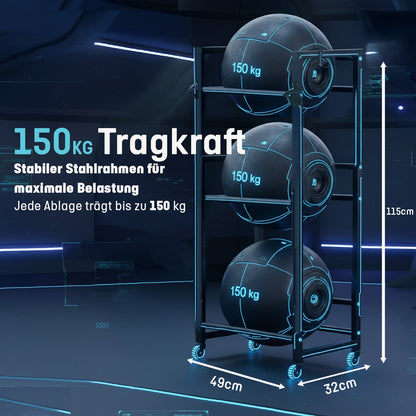 Tragkraft-Infografik des Roxlin Getränkekistenregals 3-fach: bis 150 kg je Ablage, Maße 49 x 32 cm, Höhe 115 cm