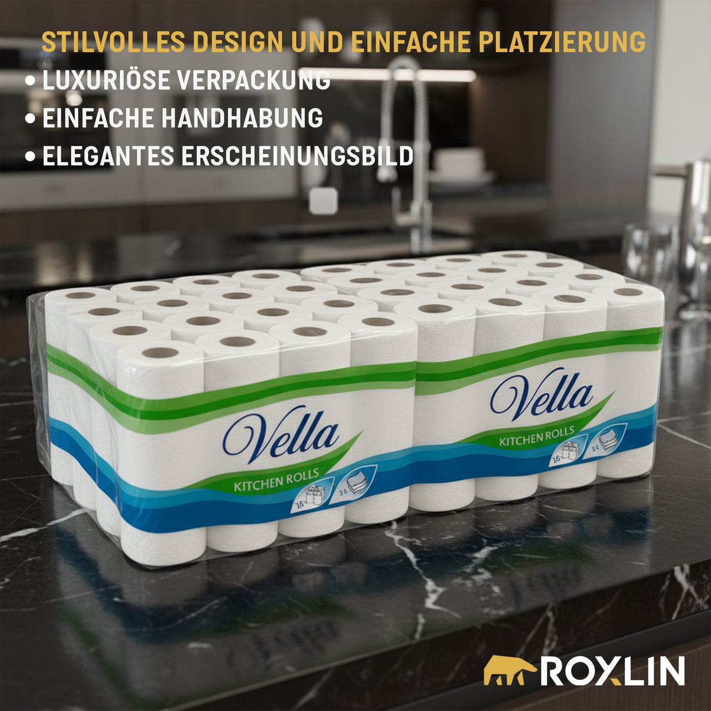 Vella Premium Küchenrollen 3-lagig – platzsparend und elegant, einfache Platzierung