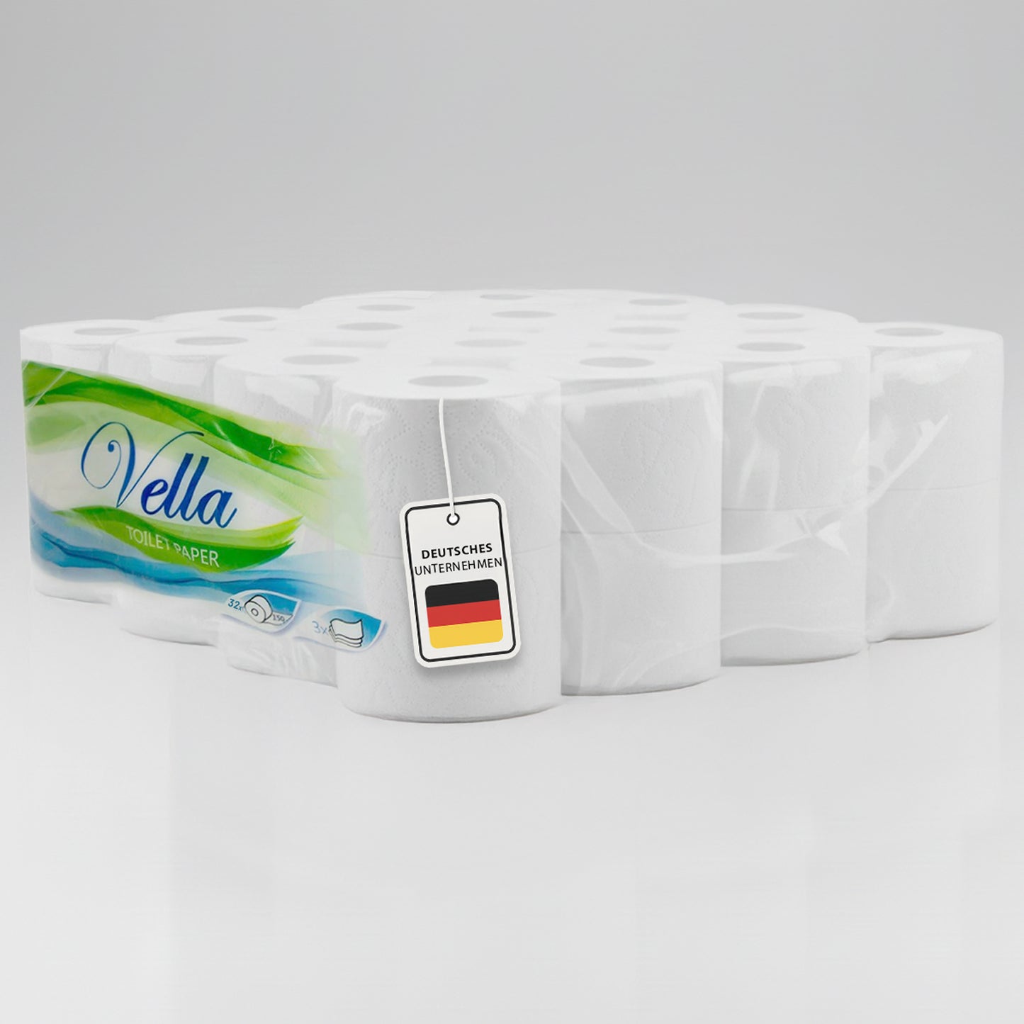 Vella Premium Toilettenpapier 3-lagig, mehrere Packungen gestapelt