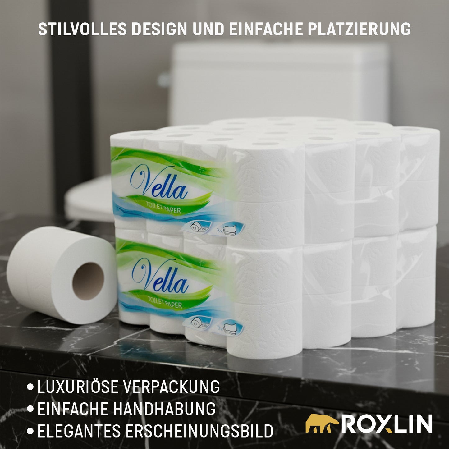 Vella Premium Toilettenpapier mit platzsparendem Design und einfacher Platzierung