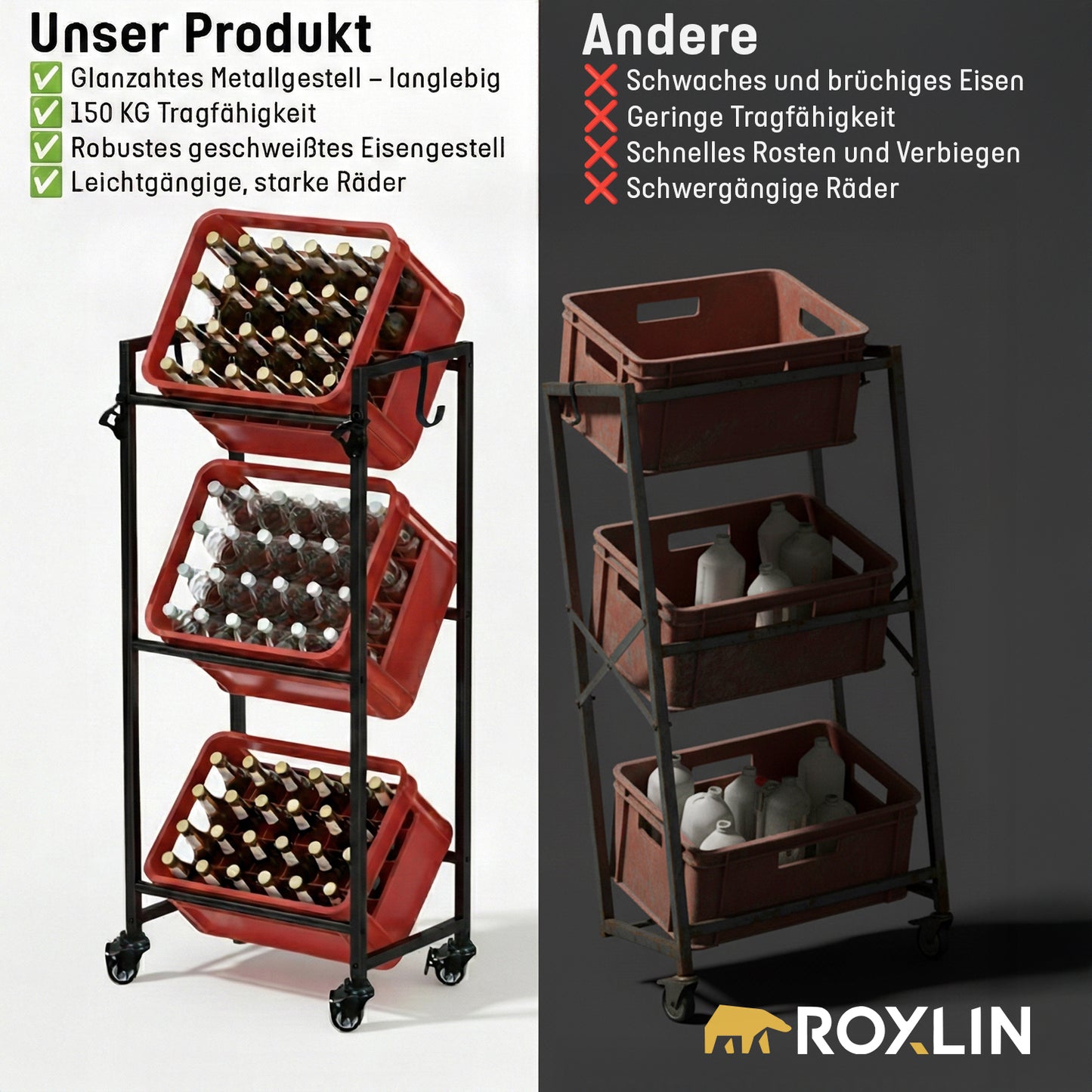 Vergleich Roxlin Getränkekistenregal gegen andere – stabiles Metallgestell, 150 kg Tragkraft, starke Räder