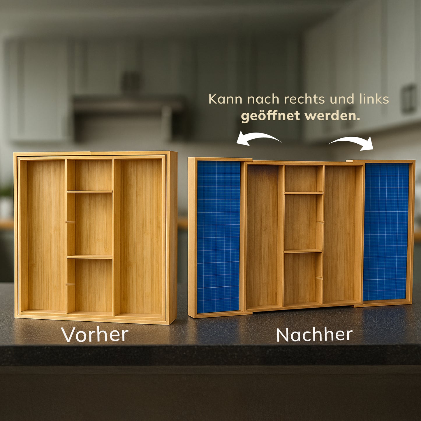 Vorher-Nachher-Vergleich einer Schublade mit dem ausziehbaren Bambus Besteckkasten