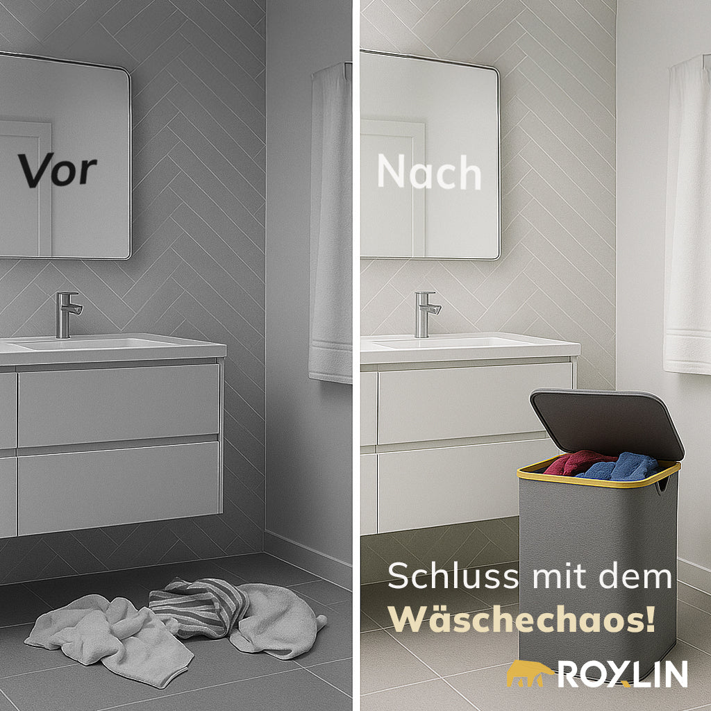 Vorher-Nachher-Vergleich: Wäschechaos gegen ordentlichen Roxlin Wäschekorb mit Deckel