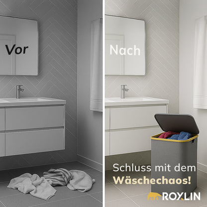 Vorher-Nachher-Vergleich: Wäschechaos gegen ordentlichen Roxlin Wäschekorb mit Deckel