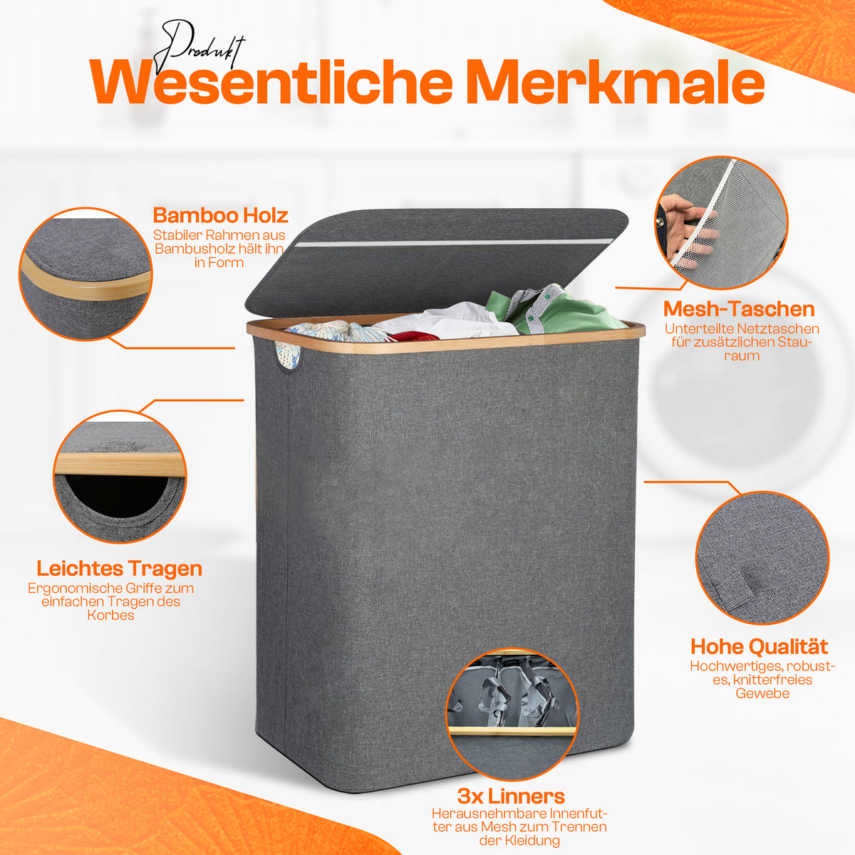 Wesentliche Merkmale des Roxlin Wäschekorbs mit 3 Fächern und Deckel