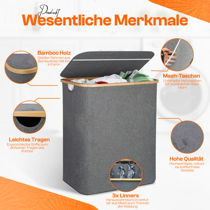 Wesentliche Merkmale des Roxlin Wäschekorbs mit 3 Fächern und Deckel