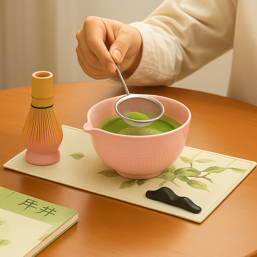Zubereitung von Matcha mit Bambusbesen in rosa Roxlin Keramikschale