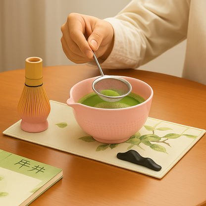 Zubereitung von Matcha mit Bambusbesen in rosa Roxlin Keramikschale