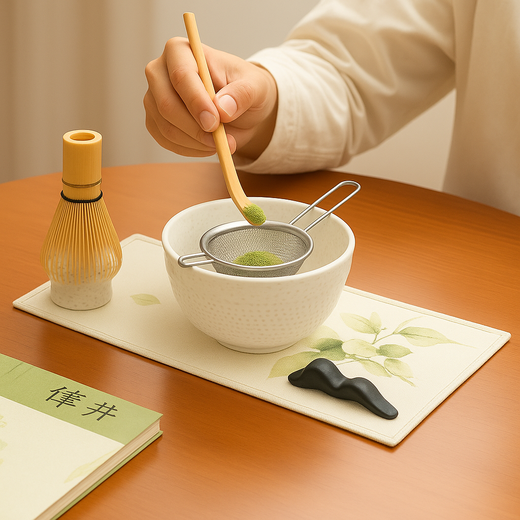 Zubereitung von Matcha mit Bambusbesen in weißer Roxlin Keramikschale