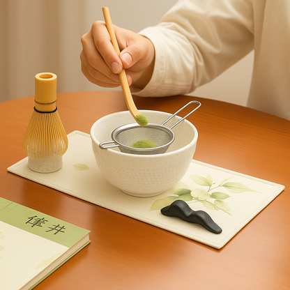 Zubereitung von Matcha mit Bambusbesen in weißer Roxlin Keramikschale